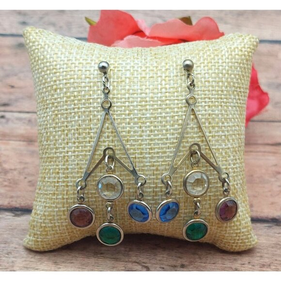 Silver Tone Statement Earrings Dangle Drop Bezel Set Colorful Crystals Geometric - Picture 1 of 4